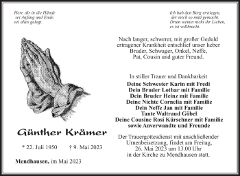Traueranzeige von Günther Krämer von Südthüringer Presse