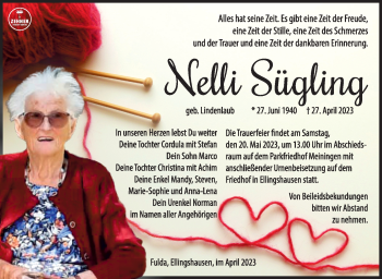 Traueranzeige von Nelli Sügling von Südthüringer Presse