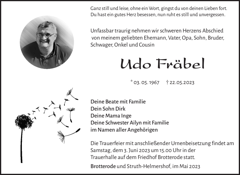  Traueranzeige für Udo Fräbel vom 27.05.2023 aus Südthüringer Presse