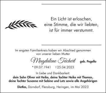 Traueranzeige von Magdalene Teichert von Südthüringer Presse