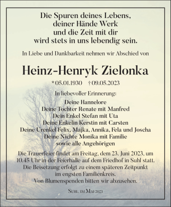 Traueranzeige von Heinz-Henryk Zielonka von Südthüringer Presse