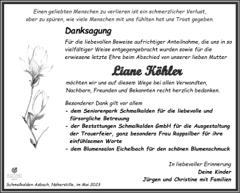 Traueranzeige von Liane Köhler von Südthüringer Presse