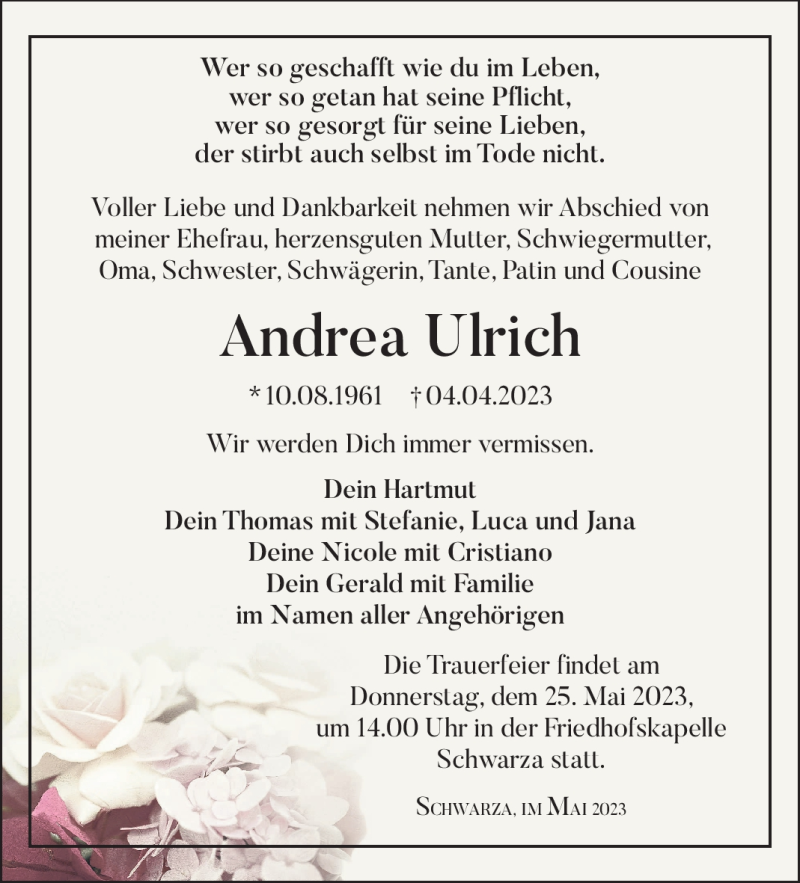  Traueranzeige für Andrea Ulrich vom 06.05.2023 aus Südthüringer Presse