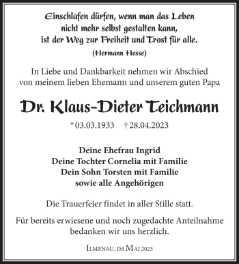 Traueranzeige von Klaus-Dieter Teichmann von Südthüringer Presse