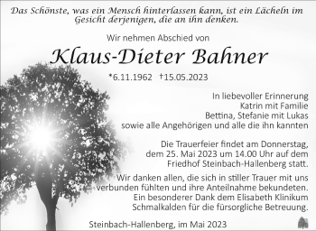 Traueranzeige von Klaus-Dieter Bahner von Südthüringer Presse