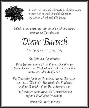 Traueranzeige von Dieter Bartsch von Südthüringer Presse