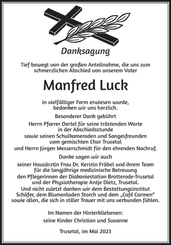 Traueranzeige von Manfred Luck von Südthüringer Presse