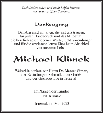 Traueranzeige von Michael Klimek von Südthüringer Presse