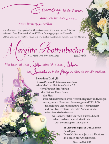 Traueranzeige von Margitta Rottenbacher von Südthüringer Presse