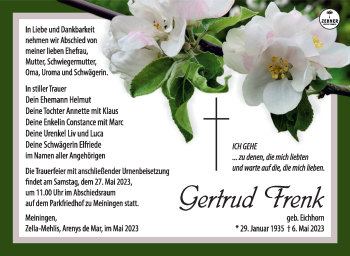 Traueranzeige von Gertrud Frenk von Südthüringer Presse
