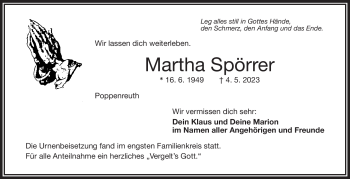 Traueranzeige von Martha Spörrer von Frankenpost