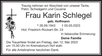 Traueranzeige von Karin Schlegel von Frankenpost
