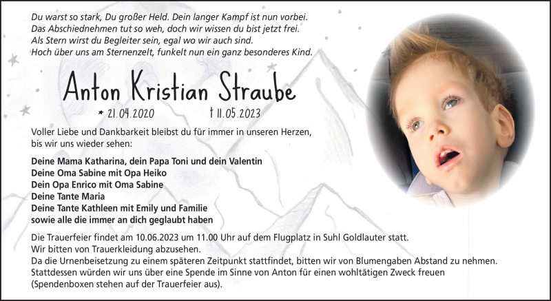  Traueranzeige für Anton Kristian Straube vom 27.05.2023 aus Südthüringer Presse