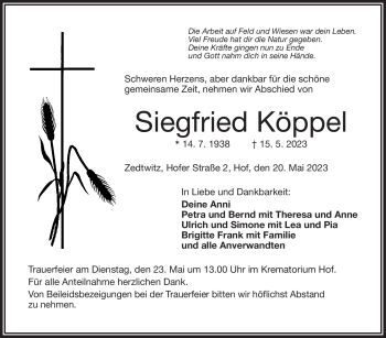 Traueranzeige von Siegfried Köppel von Frankenpost