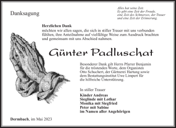 Traueranzeige von Günter Padluschat von Südthüringer Presse
