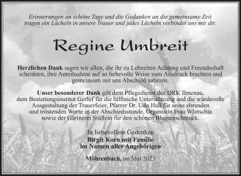Traueranzeige von Regine Umbreit von Südthüringer Presse