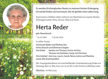 Traueranzeige von Herta Reder von Südthüringer Presse