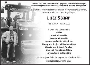 Traueranzeige von Lutz Staar von Südthüringer Presse