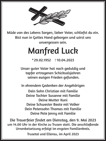 Traueranzeige von Manfred Luck von Südthüringer Presse