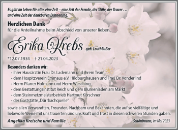 Traueranzeige von Erika Krebs von Südthüringer Presse