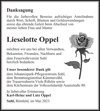 Traueranzeige von Lieselotte Oppel von Südthüringer Presse