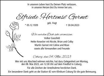 Traueranzeige von Elfriede Gernet von Neue Presse Coburg