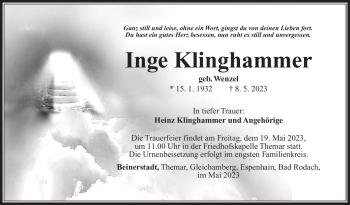 Traueranzeige von Inge Klinghammer von Südthüringer Presse