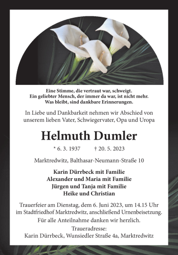 Traueranzeige von Helmuth Dumler von Frankenpost