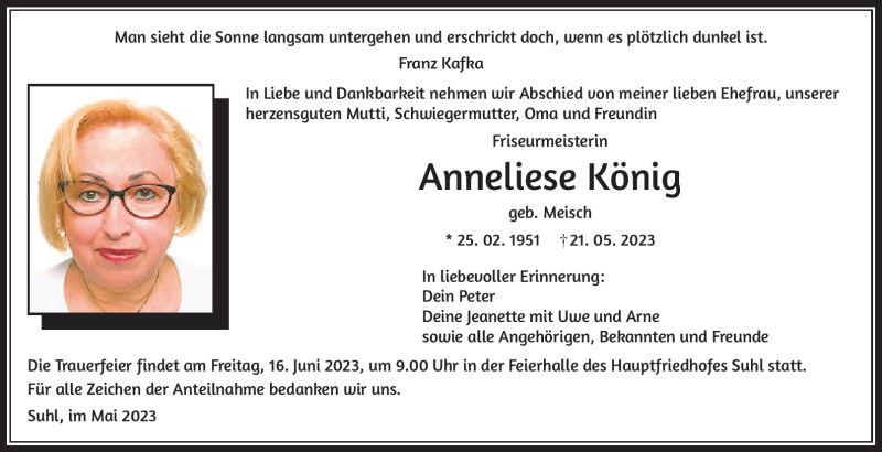  Traueranzeige für Anneliese König vom 27.05.2023 aus Südthüringer Presse