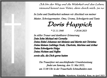 Traueranzeige von Doris Happich von Südthüringer Presse