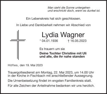 Traueranzeige von Lydia Wagner von Neue Presse Coburg