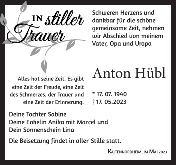 Traueranzeige von Anton Hübl von Südthüringer Presse