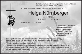 Traueranzeige von Helga Nürnberger von Frankenpost