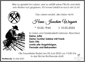 Traueranzeige von Hans-Joachim Wagner von Südthüringer Presse