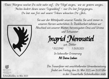 Traueranzeige von Ingrid Nennstiel von Südthüringer Presse