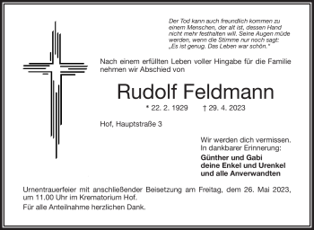 Traueranzeige von Rudolf Feldmann von Frankenpost