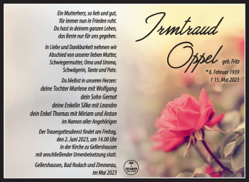 Traueranzeige von Irmtraud Oppel von Südthüringer Presse