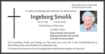 Traueranzeige von Ingeborg Smolik von Frankenpost