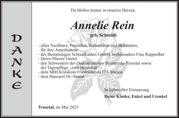 Traueranzeige von Annelie Rein von Südthüringer Presse
