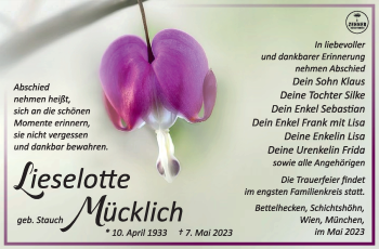 Traueranzeige von Lieselotte Mücklich von Südthüringer Presse