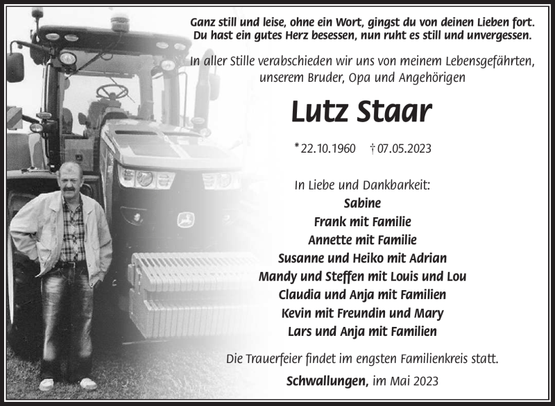  Traueranzeige für Lutz Staar vom 17.05.2023 aus Südthüringer Presse
