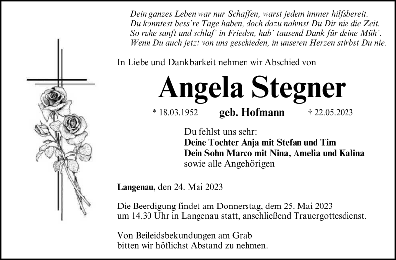  Traueranzeige für Angela Stegner vom 24.05.2023 aus Neue Presse Coburg
