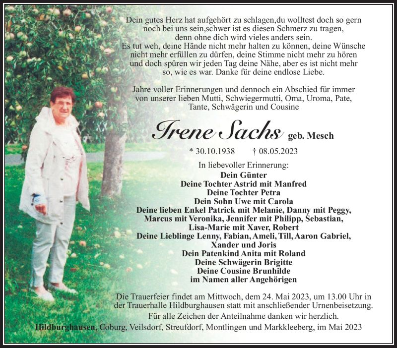  Traueranzeige für Irene Sachs vom 13.05.2023 aus Südthüringer Presse