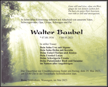 Traueranzeige von Walter Baubel von Südthüringer Presse