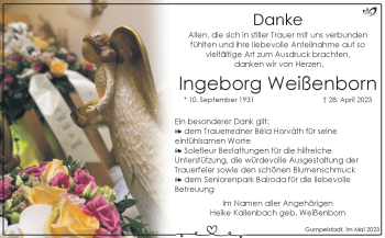 Traueranzeige von Ingeborg Weißenborn von Südthüringer Presse