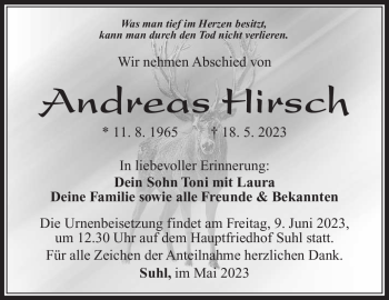 Traueranzeige von Andreas Hirsch von Südthüringer Presse