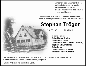 Traueranzeige von Stephan Tröger von Frankenpost