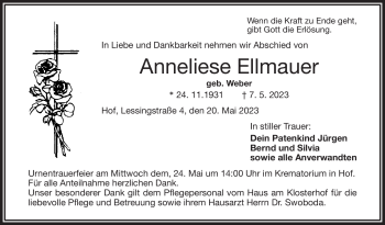 Traueranzeige von Anneliese Ellmauer von Frankenpost