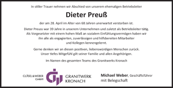 Traueranzeige von Dieter Preuß von Neue Presse Coburg