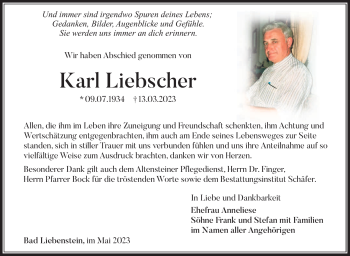 Traueranzeige von Karl Liebscher von Südthüringer Presse